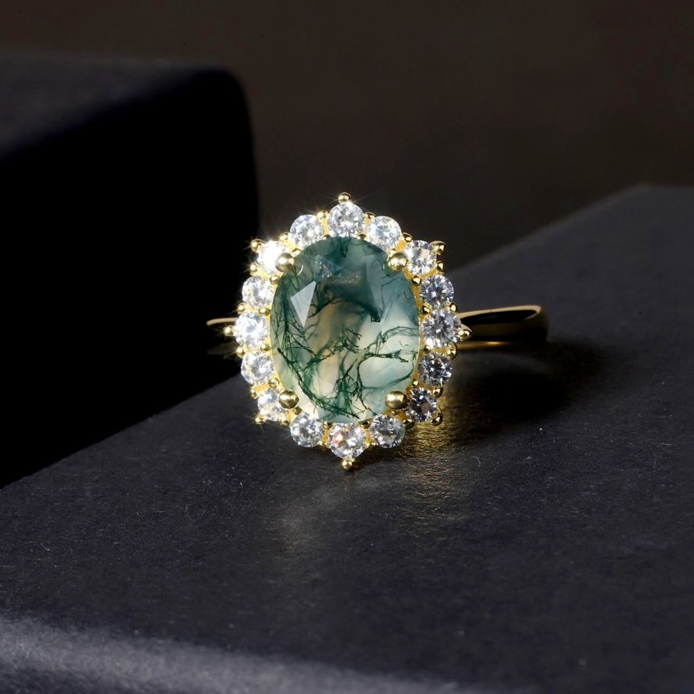 925 Sterling Silver Natural Green Moss Agate Raw Stone --18k Forest Ring